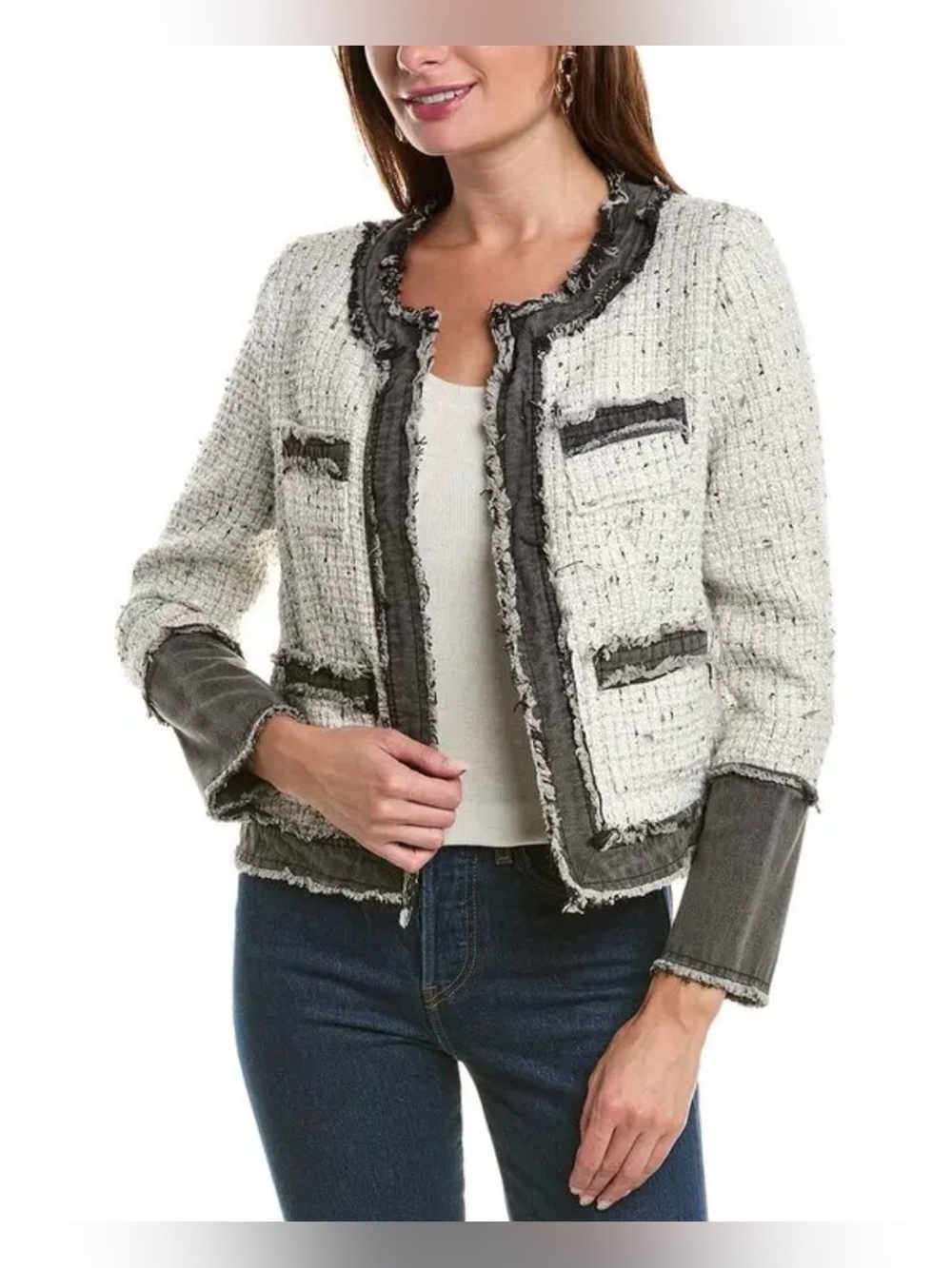 Nanette Lepore Tweed and  Black Denim Open-Front Jacket Size XL